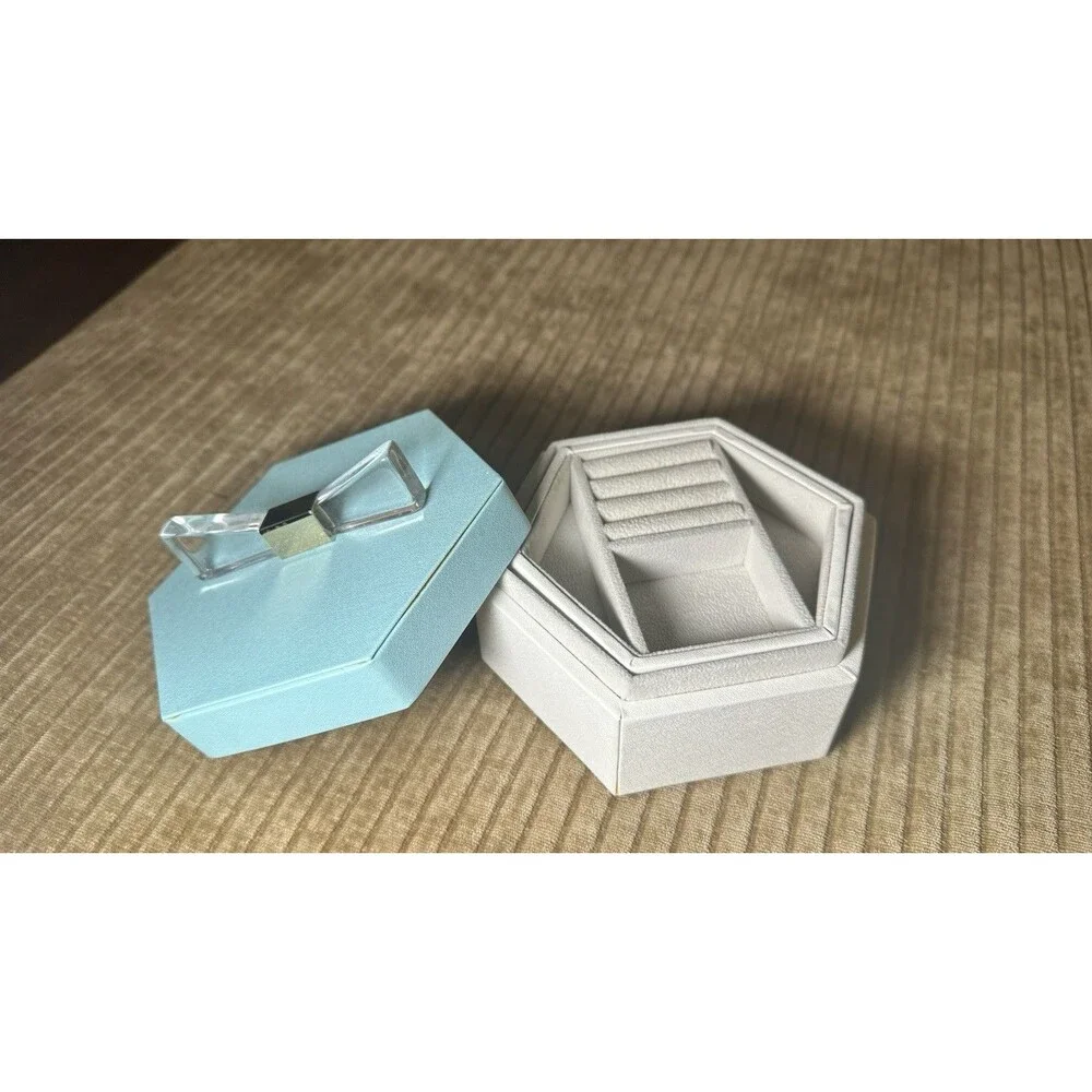 Tiffany Blue & White Jewelry Box Acrylic Bow Gold Accent Gray Interior
